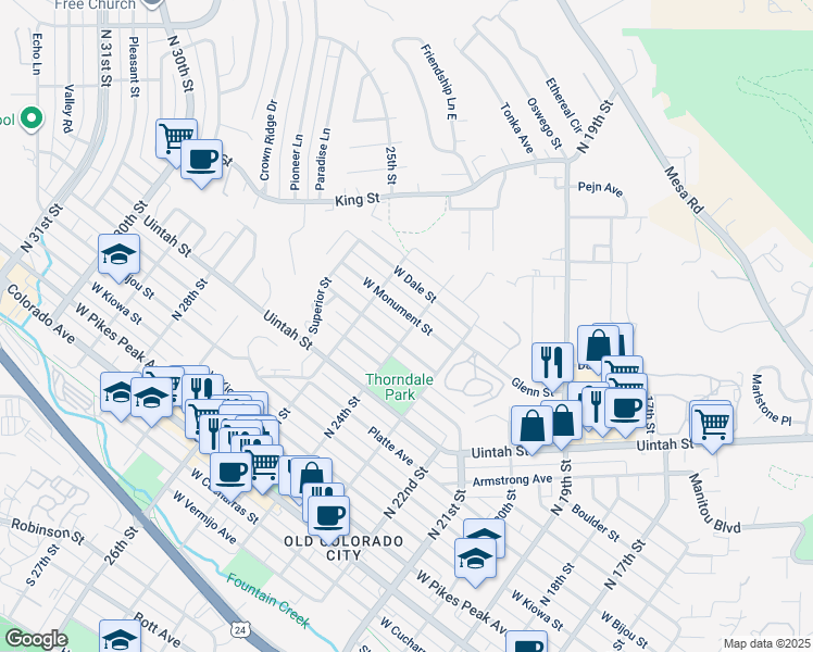 map of restaurants, bars, coffee shops, grocery stores, and more near 642 24th Street in Colorado Springs