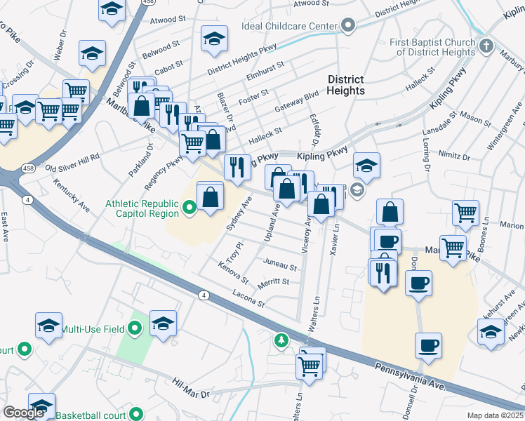 map of restaurants, bars, coffee shops, grocery stores, and more near 6510 Grafton Street in District Heights