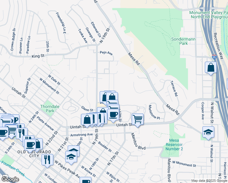 map of restaurants, bars, coffee shops, grocery stores, and more near 880 North 17th Street in Colorado Springs
