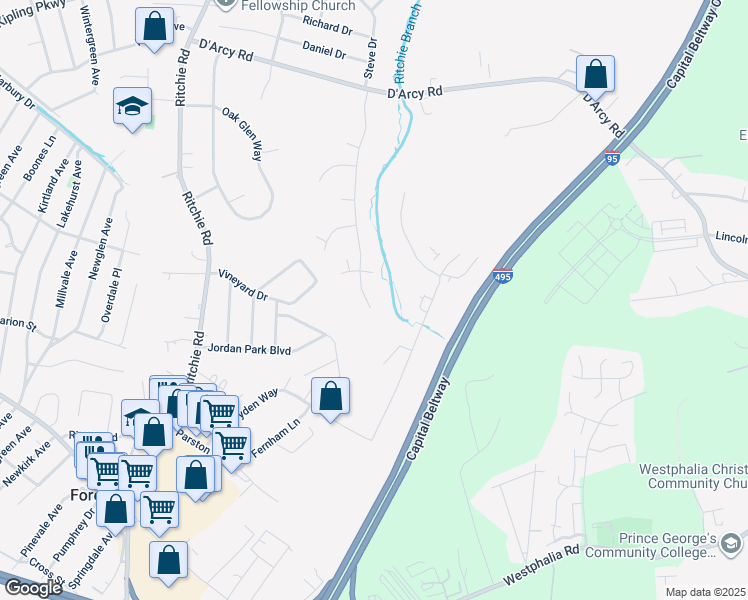 map of restaurants, bars, coffee shops, grocery stores, and more near 2716 Timbercrest Drive in District Heights