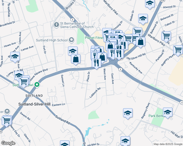 map of restaurants, bars, coffee shops, grocery stores, and more near 5401 Silver Hill Road in District Heights