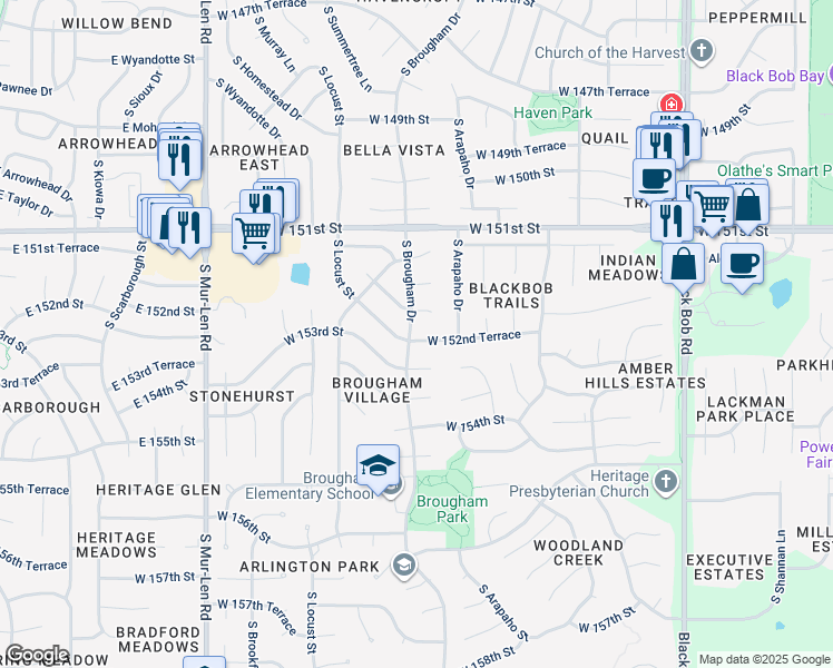 map of restaurants, bars, coffee shops, grocery stores, and more near 15916 West 152nd Terrace in Olathe