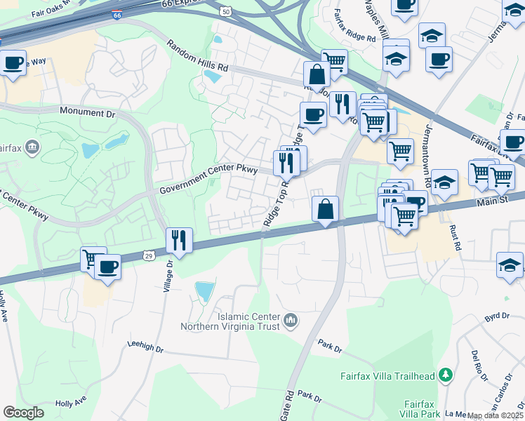 map of restaurants, bars, coffee shops, grocery stores, and more near 11556 Cavalier Landing Court in Fairfax