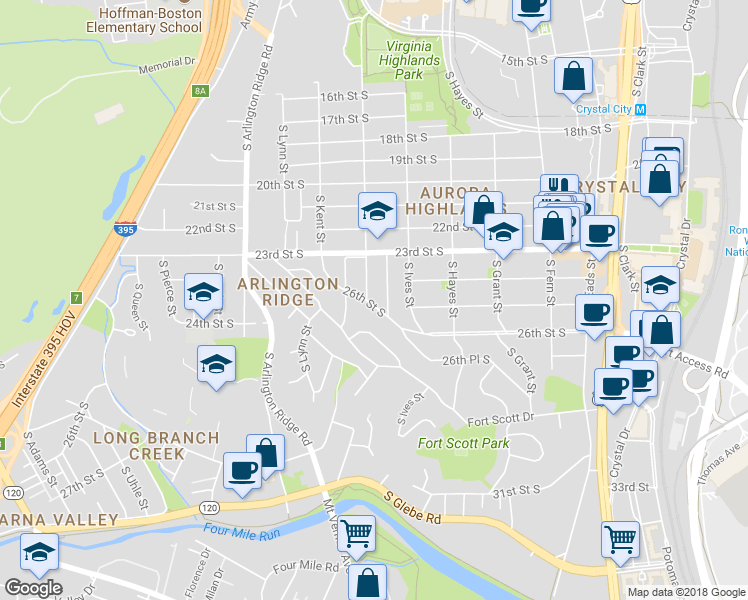 map of restaurants, bars, coffee shops, grocery stores, and more near 947 26th Street South in Arlington