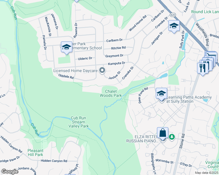 map of restaurants, bars, coffee shops, grocery stores, and more near 14912 Cranoke Street in Centreville