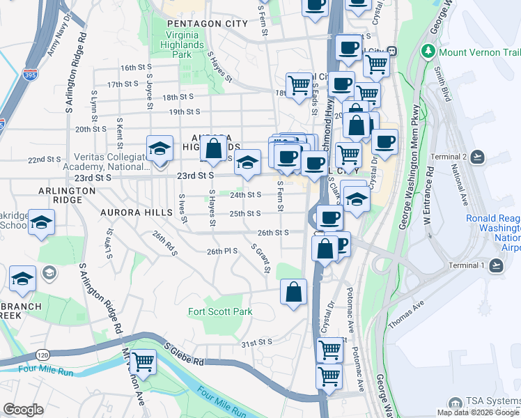 map of restaurants, bars, coffee shops, grocery stores, and more near 625 25th Street South in Arlington