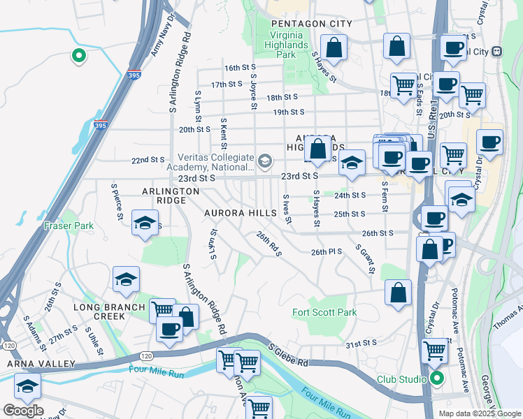 map of restaurants, bars, coffee shops, grocery stores, and more near 947 26th Street South in Arlington
