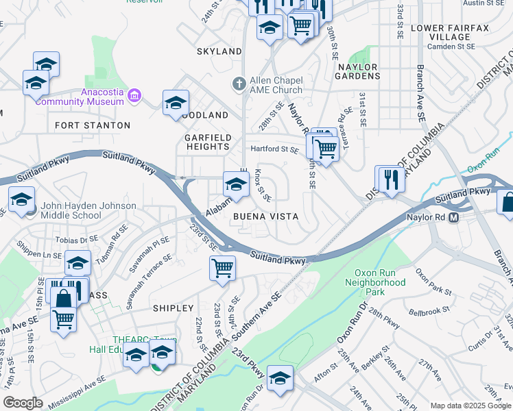 map of restaurants, bars, coffee shops, grocery stores, and more near 2699 Jasper Street Southeast in Washington