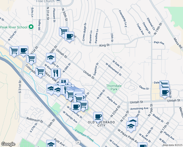 map of restaurants, bars, coffee shops, grocery stores, and more near 510 Superior Street in Colorado Springs