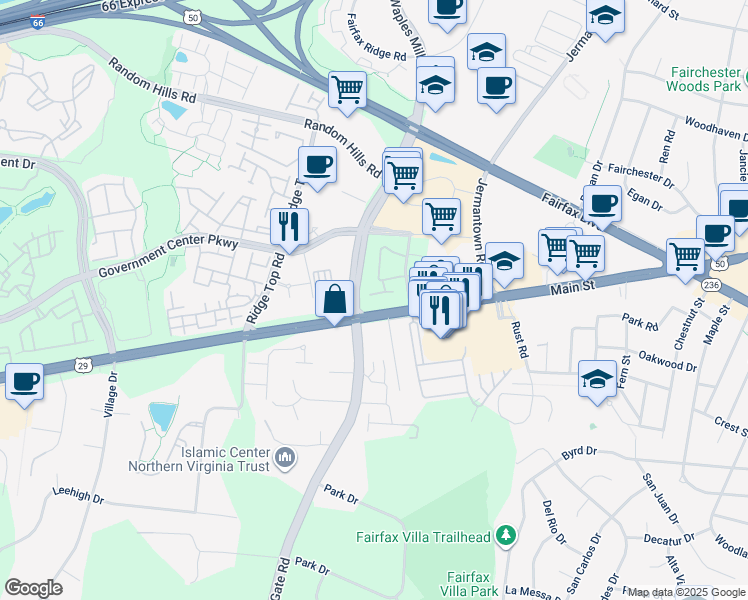 map of restaurants, bars, coffee shops, grocery stores, and more near 11328 Westbrook Mill Lane in Fairfax
