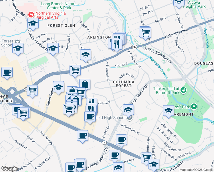 map of restaurants, bars, coffee shops, grocery stores, and more near 5205 11th Street South in Arlington