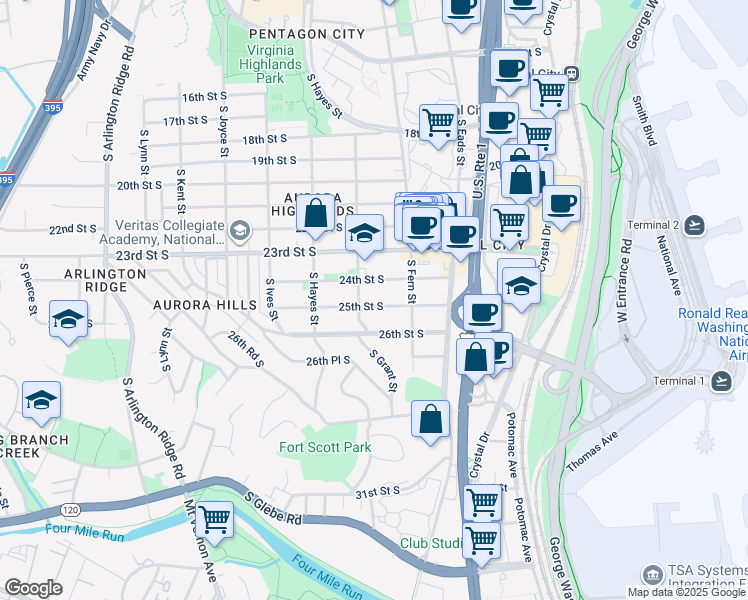 map of restaurants, bars, coffee shops, grocery stores, and more near 635 25th Street South in Arlington