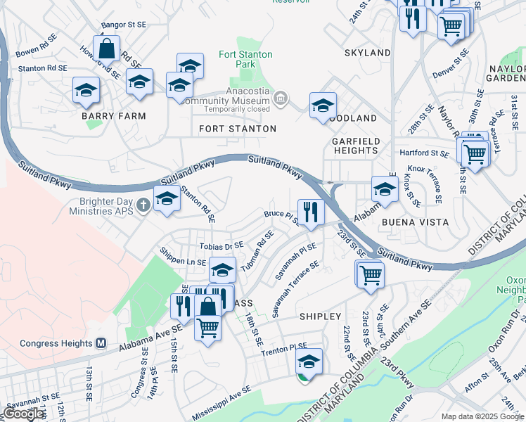 map of restaurants, bars, coffee shops, grocery stores, and more near 1853 Bruce Place Southeast in Washington