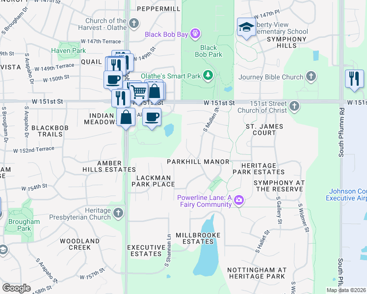 map of restaurants, bars, coffee shops, grocery stores, and more near 15226 South Albervan Street in Olathe