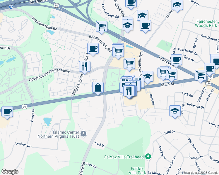 map of restaurants, bars, coffee shops, grocery stores, and more near 11328 Westbrook Mill Lane in Fairfax
