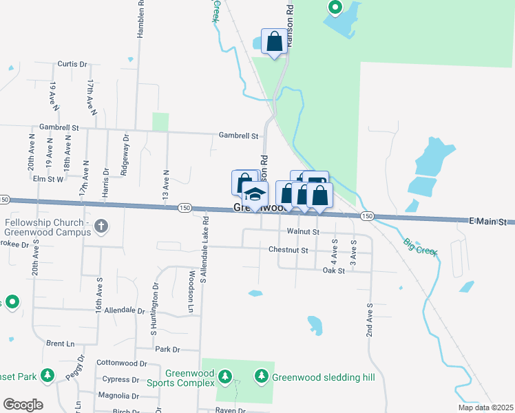 map of restaurants, bars, coffee shops, grocery stores, and more near 802 West Main Street in Greenwood