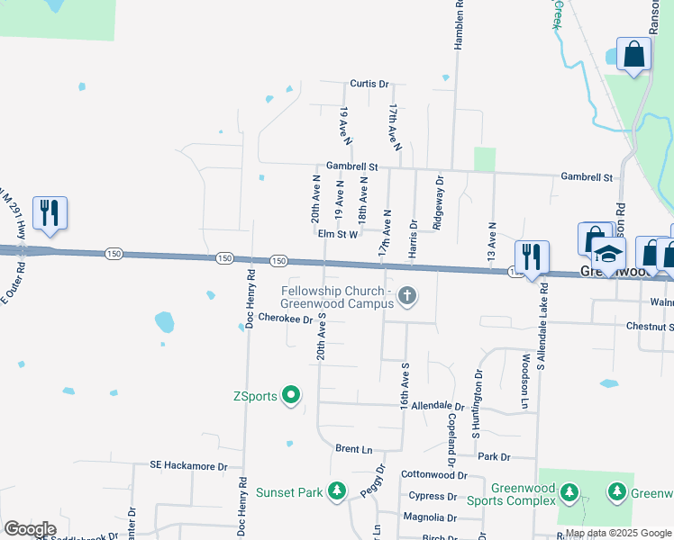 map of restaurants, bars, coffee shops, grocery stores, and more near 1904 Apache Court in Greenwood