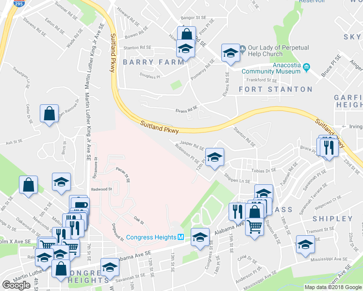 map of restaurants, bars, coffee shops, grocery stores, and more near 2832 Robinson Place Southeast in Washington