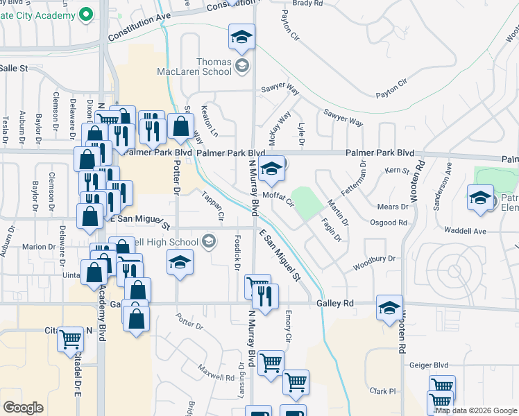 map of restaurants, bars, coffee shops, grocery stores, and more near 1310 North Murray Boulevard in Colorado Springs