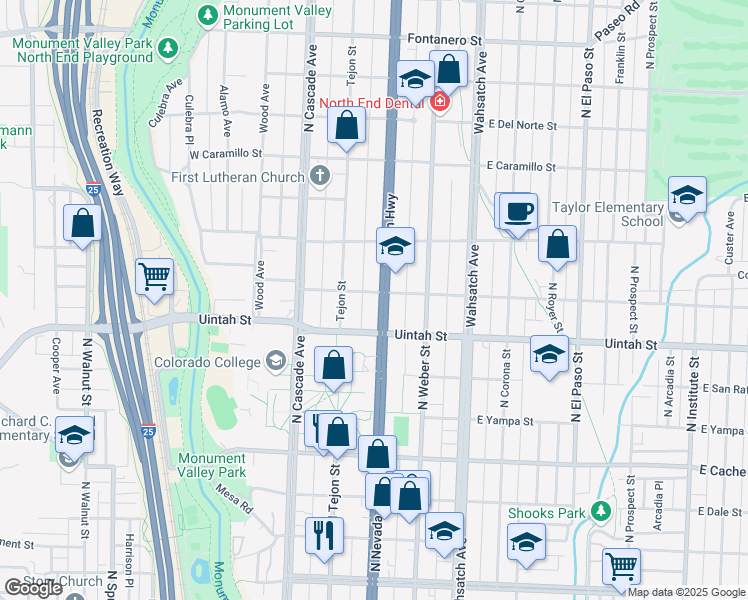 map of restaurants, bars, coffee shops, grocery stores, and more near 1224 North Nevada Avenue in Colorado Springs