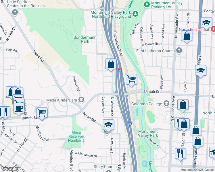 map of restaurants, bars, coffee shops, grocery stores, and more near 1219 North Walnut Street in Colorado Springs