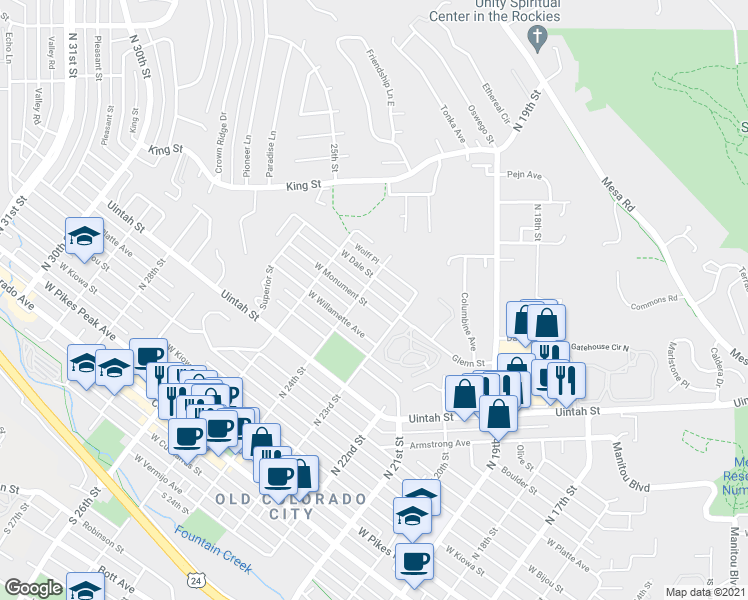 map of restaurants, bars, coffee shops, grocery stores, and more near 2310 West Monument Street in Colorado Springs