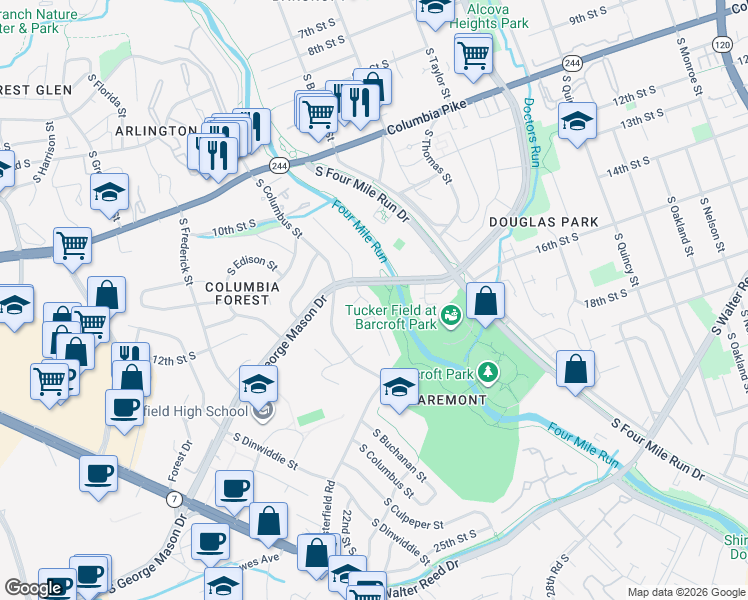 map of restaurants, bars, coffee shops, grocery stores, and more near 1300 South Buchanan Street in Arlington