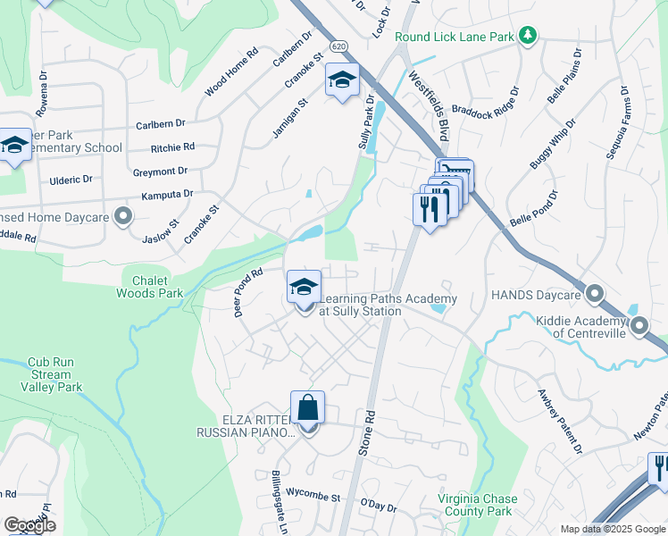 map of restaurants, bars, coffee shops, grocery stores, and more near 14726 Winterfield Court in Centreville