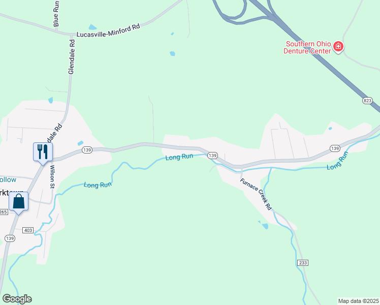 map of restaurants, bars, coffee shops, grocery stores, and more near 8432 Ohio 139 in Minford