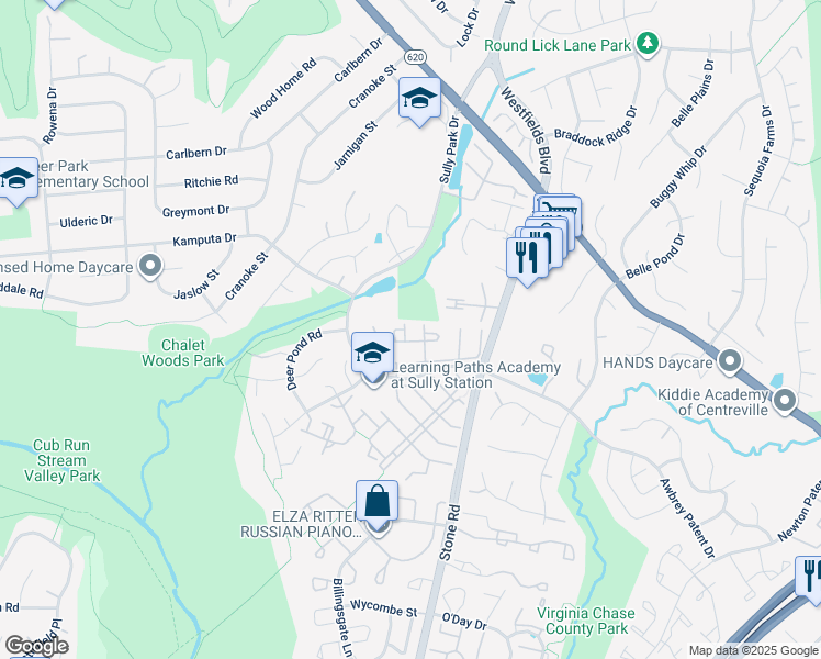 map of restaurants, bars, coffee shops, grocery stores, and more near 14726 Winterfield Court in Centreville
