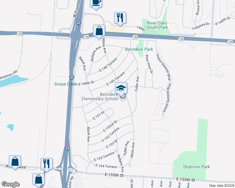 map of restaurants, bars, coffee shops, grocery stores, and more near 6302 East 150th Terrace in Grandview