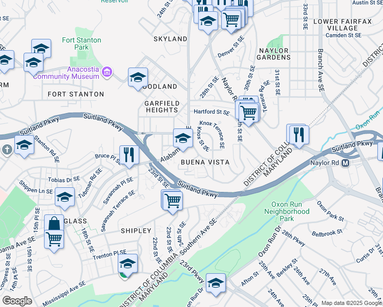 map of restaurants, bars, coffee shops, grocery stores, and more near 2435 Alabama Avenue Southeast in Washington