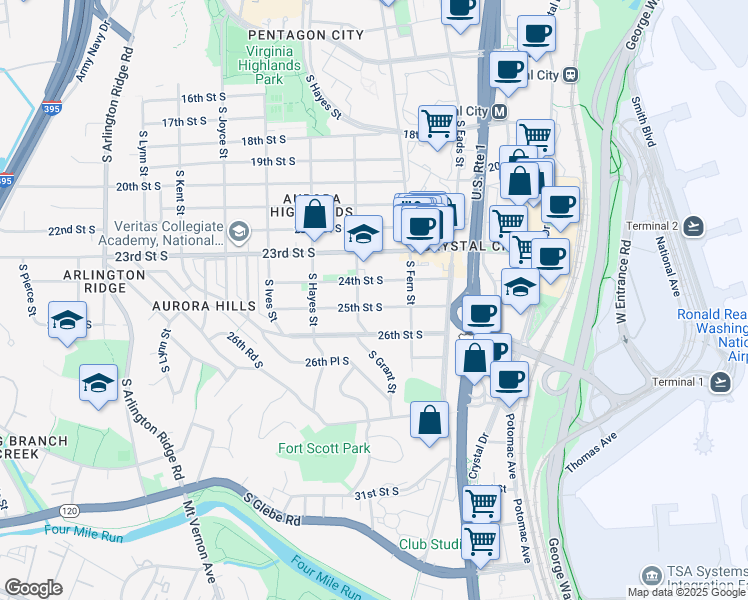 map of restaurants, bars, coffee shops, grocery stores, and more near 635 25th Street South in Arlington