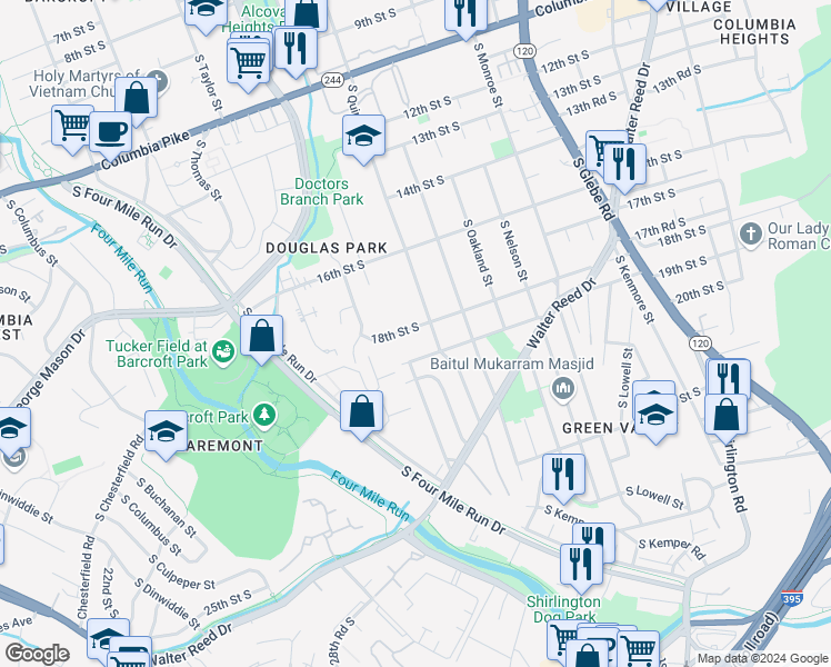 map of restaurants, bars, coffee shops, grocery stores, and more near 4012 18th Street South in Arlington