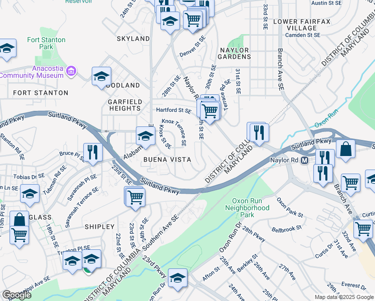 map of restaurants, bars, coffee shops, grocery stores, and more near 3116 Knox Terrace Southeast in Washington