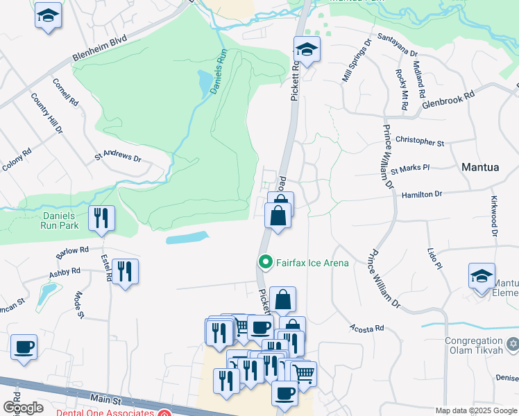 map of restaurants, bars, coffee shops, grocery stores, and more near 3543 Sutton Heights Circle in Fairfax