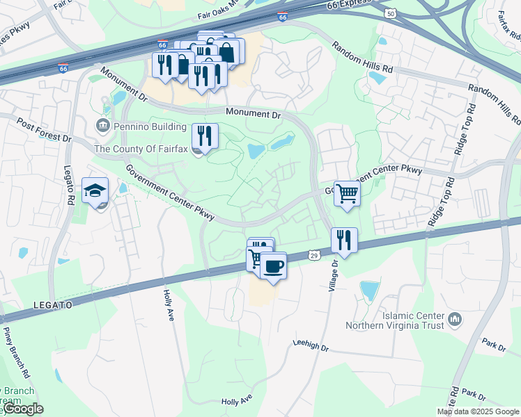 map of restaurants, bars, coffee shops, grocery stores, and more near 11705 Potomac Crossing Way in Fairfax