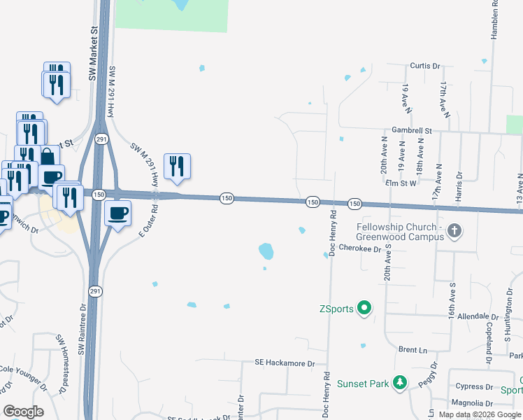 map of restaurants, bars, coffee shops, grocery stores, and more near 409 Missouri 150 in Lee's Summit