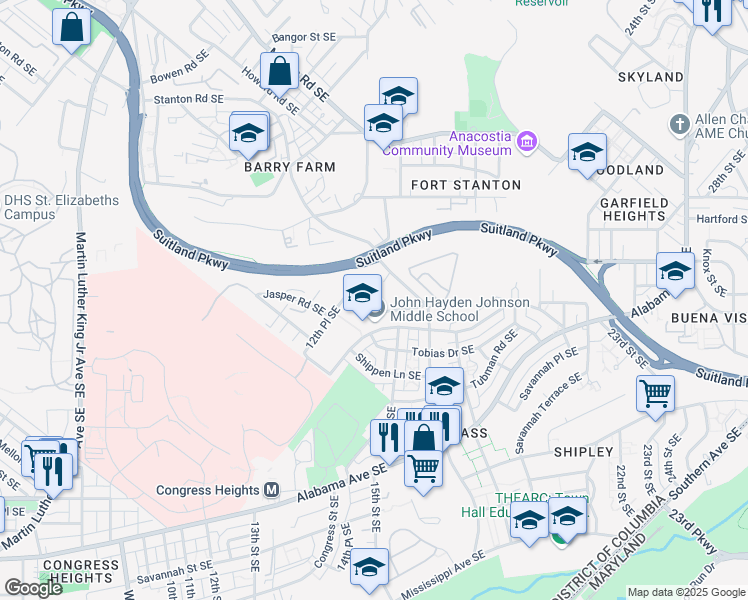 map of restaurants, bars, coffee shops, grocery stores, and more near 3100 Stanton Road Southeast in Washington
