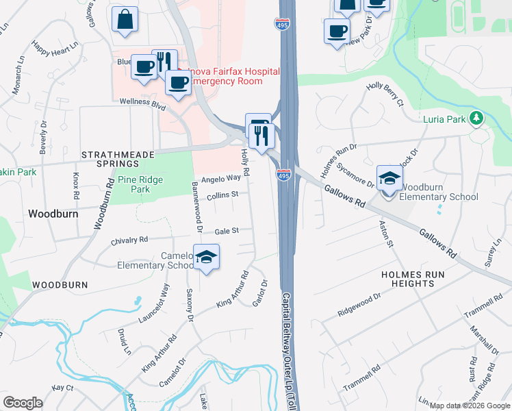 map of restaurants, bars, coffee shops, grocery stores, and more near 3423 Holly Road in Annandale