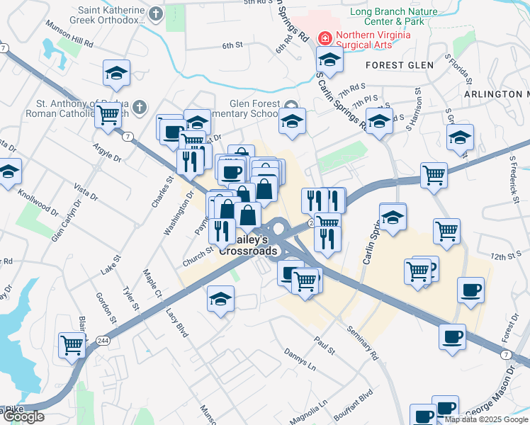 map of restaurants, bars, coffee shops, grocery stores, and more near 5871 Crossroads Center Way in Falls Church