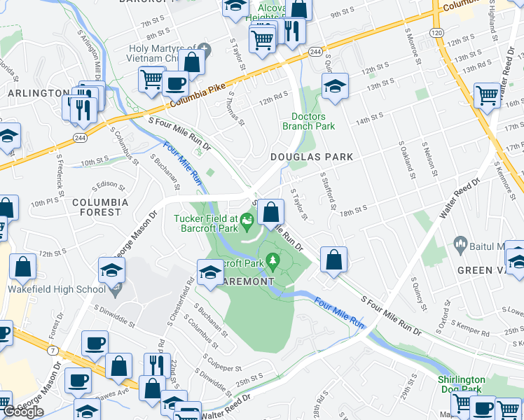 map of restaurants, bars, coffee shops, grocery stores, and more near 4250 South Four Mile Run Drive in Arlington