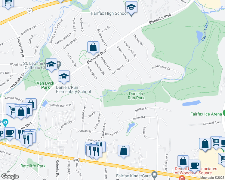 map of restaurants, bars, coffee shops, grocery stores, and more near 3631 Parklane Road in Fairfax