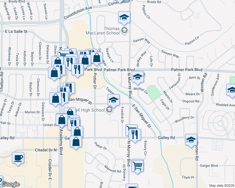 map of restaurants, bars, coffee shops, grocery stores, and more near 1317 Tappan Circle in Colorado Springs