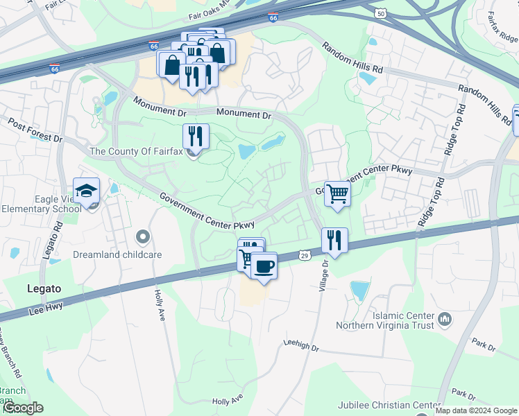 map of restaurants, bars, coffee shops, grocery stores, and more near 11711 Scooter Lane in Fairfax