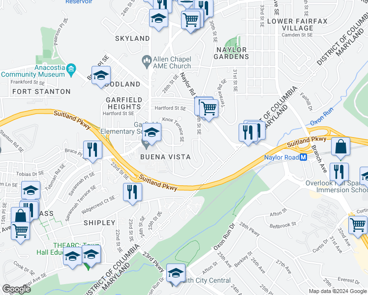 map of restaurants, bars, coffee shops, grocery stores, and more near 3116 Knox Terrace Southeast in Washington