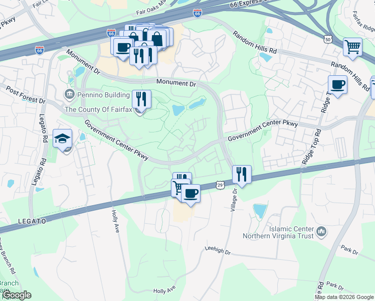 map of restaurants, bars, coffee shops, grocery stores, and more near 11711 Scooter Lane in Fairfax