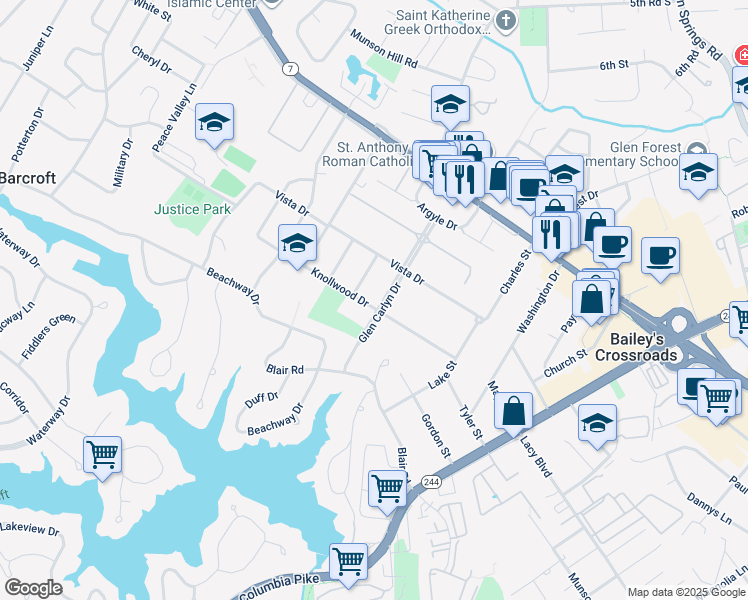map of restaurants, bars, coffee shops, grocery stores, and more near 6100 Knollwood Drive in Falls Church