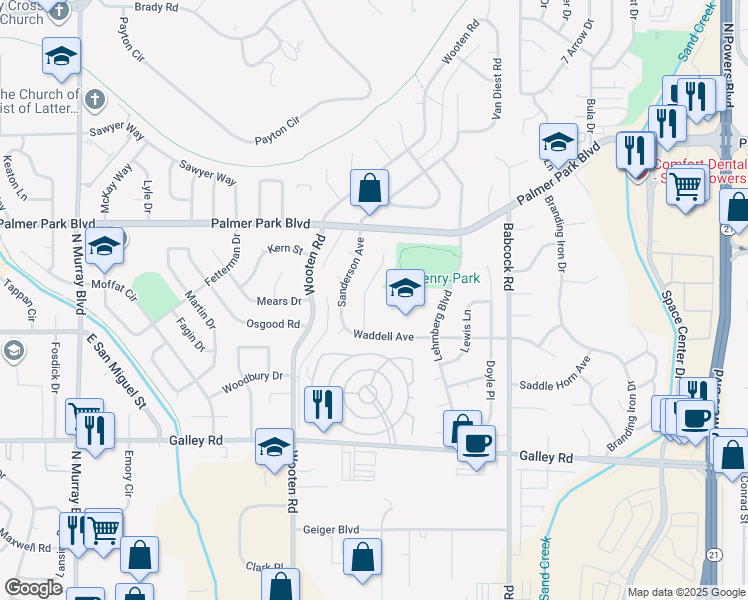 map of restaurants, bars, coffee shops, grocery stores, and more near 1350 Shadberry Court in Colorado Springs