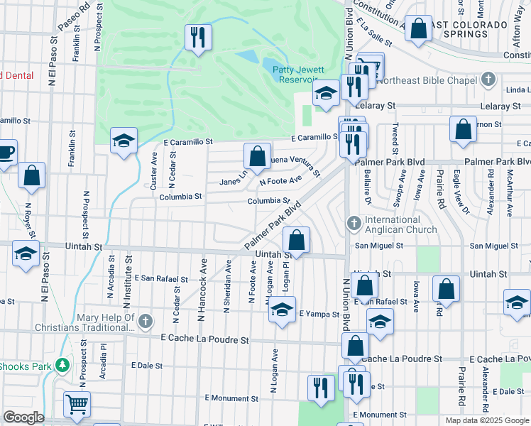 map of restaurants, bars, coffee shops, grocery stores, and more near 1522 Palmer Park Boulevard in Colorado Springs